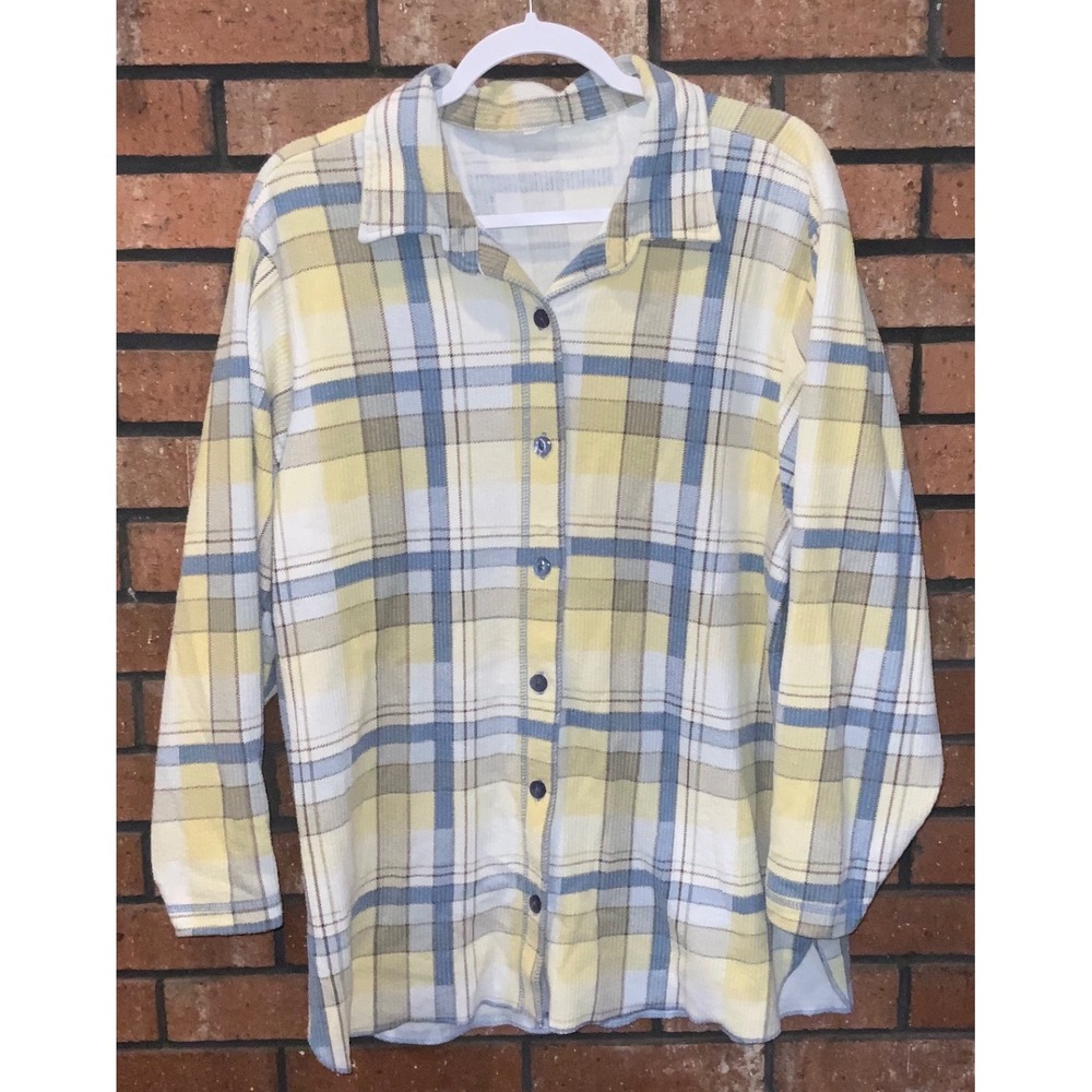 Yellow and Blue Plaid Womens Waffle Knit Button Down Long Sleeve Shirt
